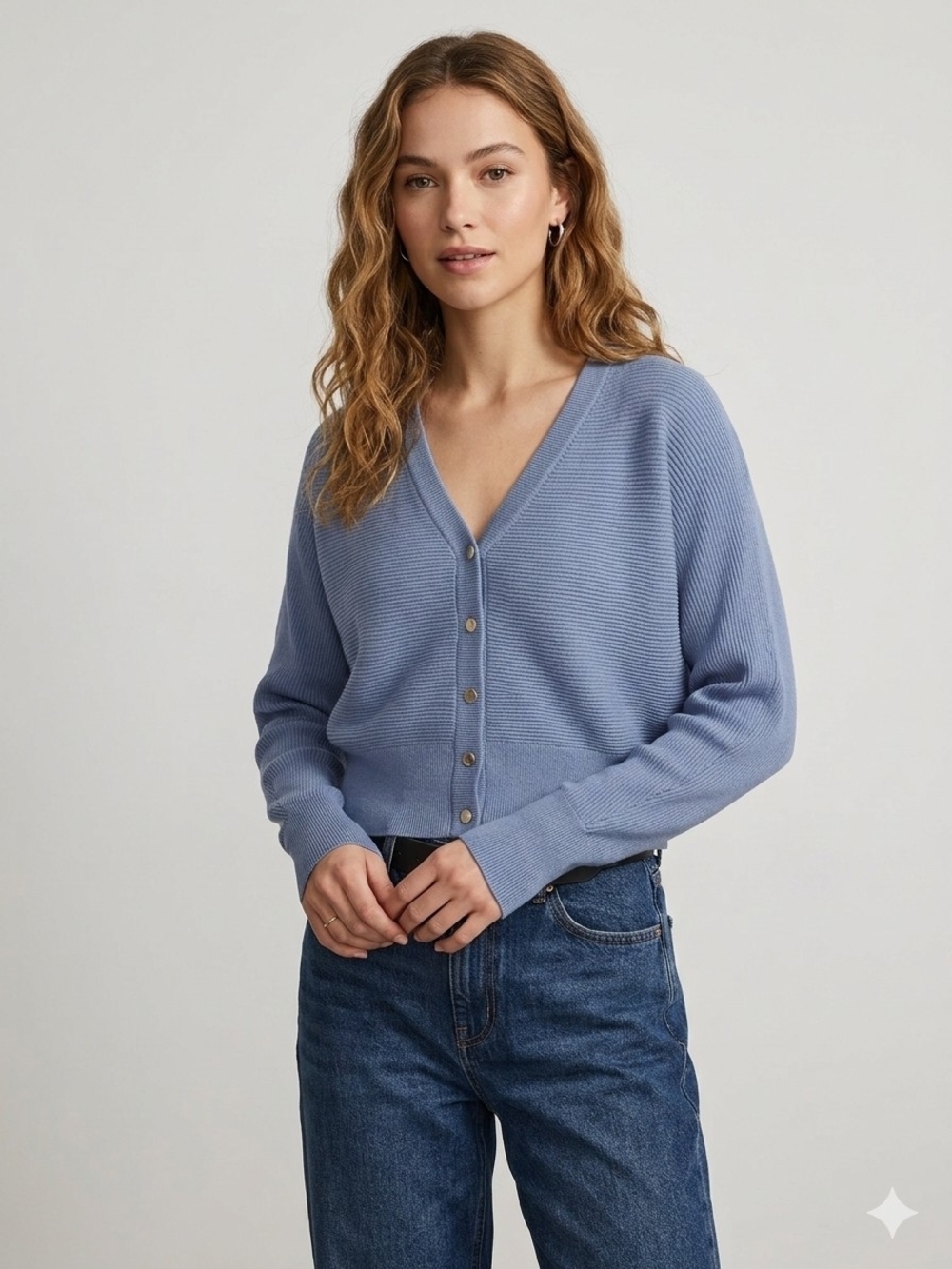 Tahari Ribbed V-Neck Button Front Sweater Cardigan Blue Medium